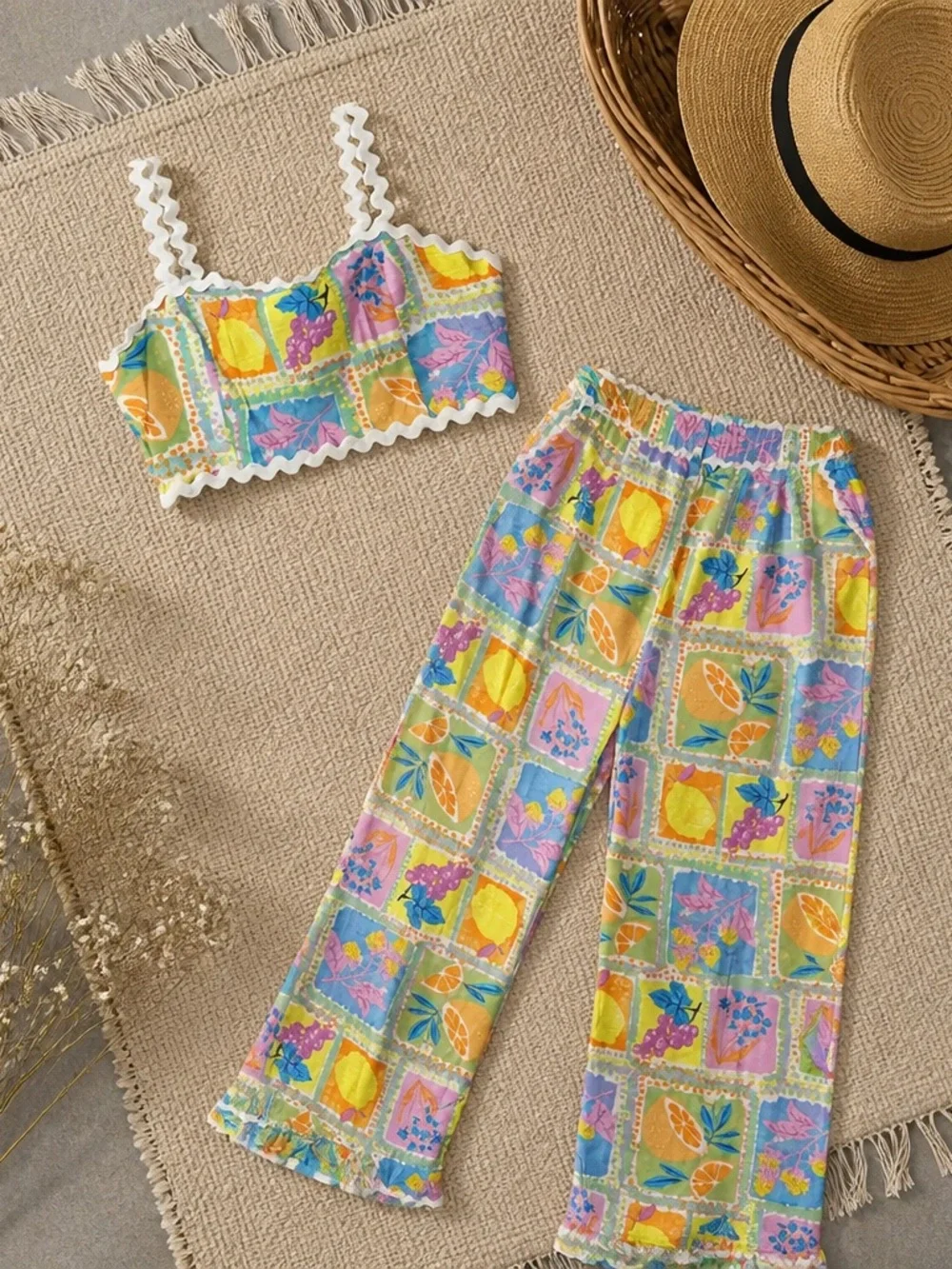 Fore’ Women’s Multicolor Patchwork Print Crop Top & Wide-Leg Pants Set Sz Large - Picture 2 of 8